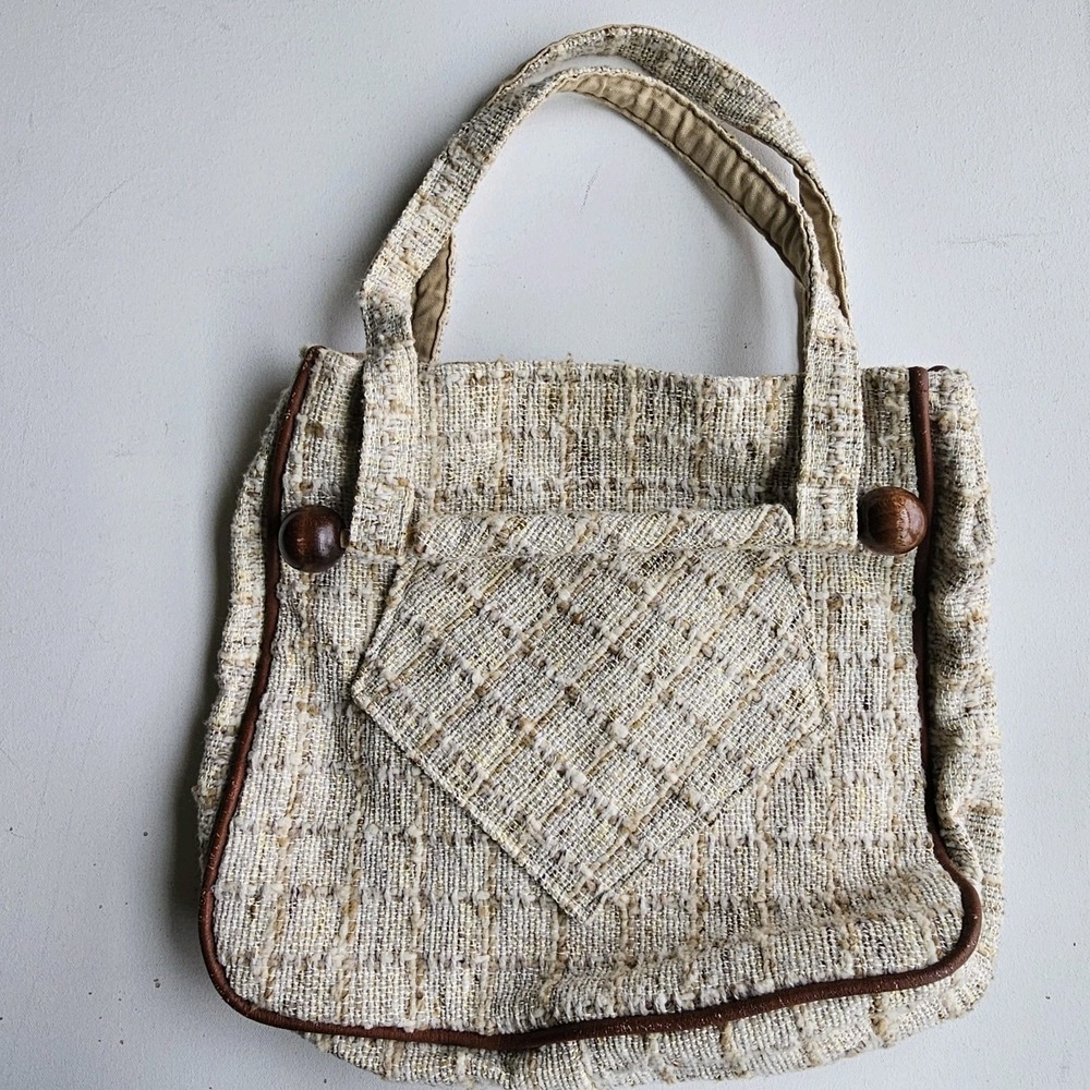 1970s Vintage Scandinavian Weave Wood Purse Handbag Tote Bag Beige Oatmeal